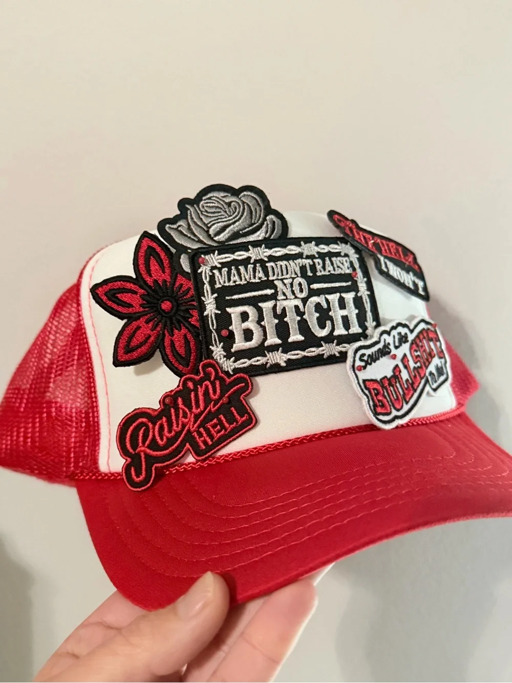 Red and White Patch Trucker Hat - Bold Statement Cap